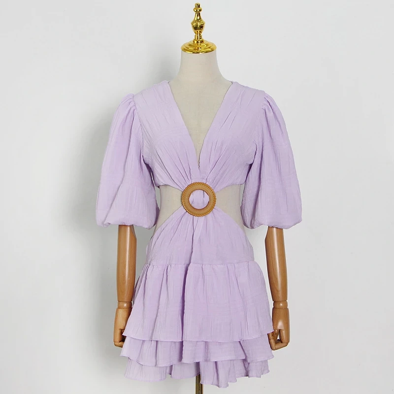 TWOTWINSTYLE  Hollow Out Sexy Dress For Women V Neck Lantern Half Sleeve  Pleated Clothing