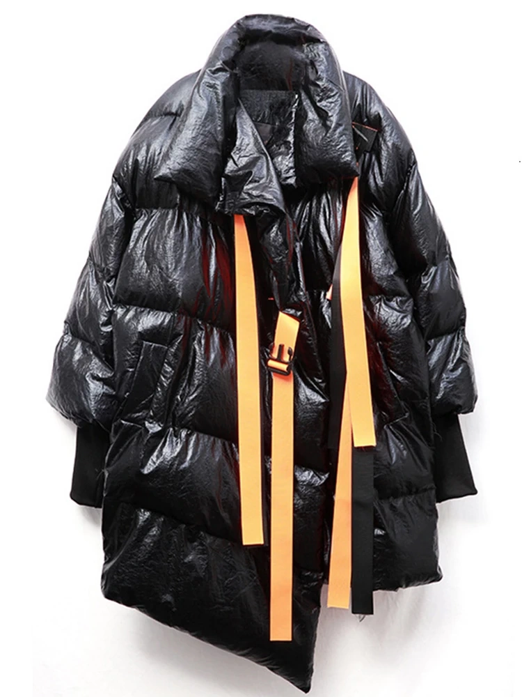 TWOTWINSTYLE Winter Women's Down Jacket Long Sleeve Patchwork Ribbons Irregular Cotton Coats Clothing