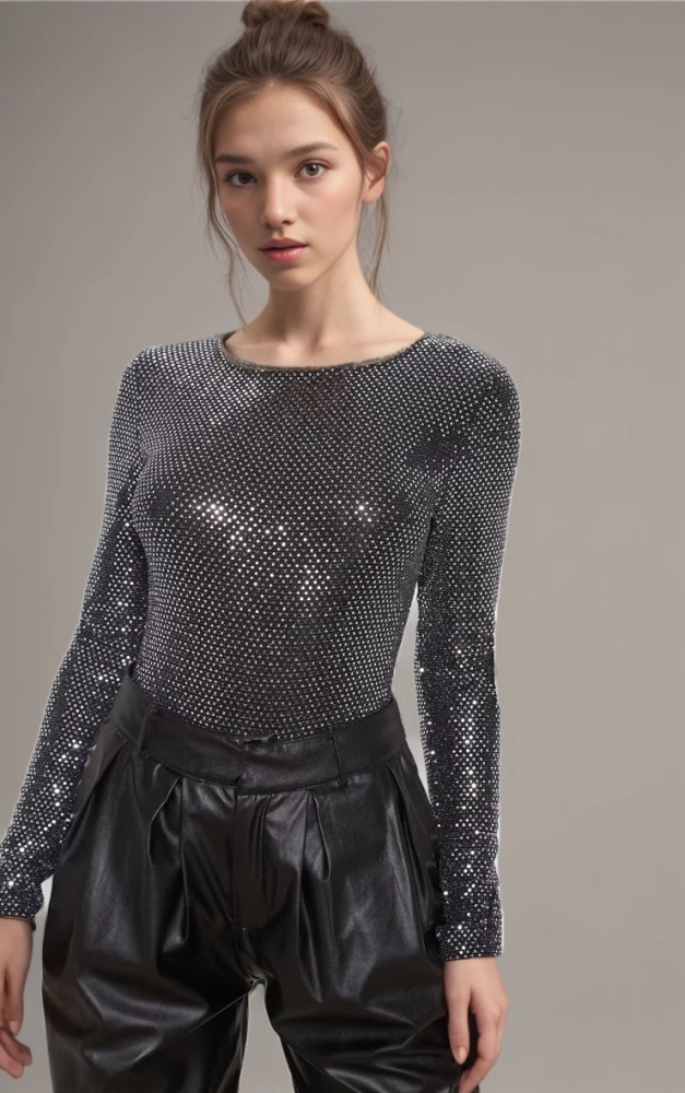 TWOTWINSTYLE New  Sequins Slimming Bodysuits For Women Round Neck Long Sleeve High Waist Sexy Fashion Clothing