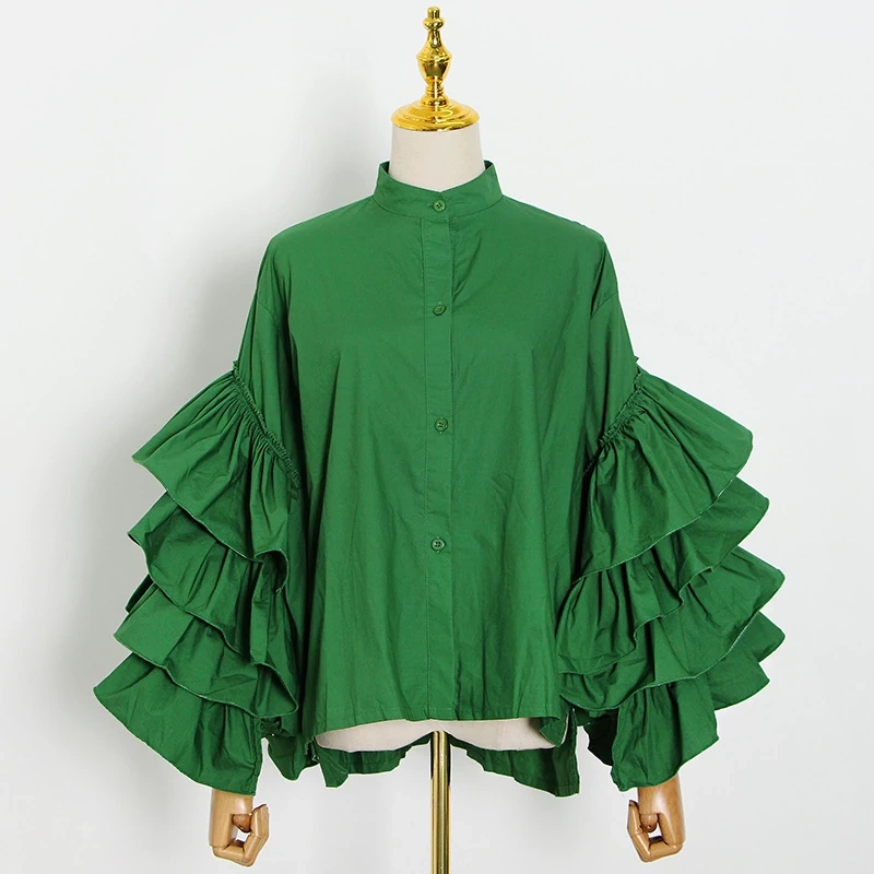TWOTWINSTYLE New Loose Shirt For Women Stand Collar Lantern Sleeve Ruffle  Chic Clothing