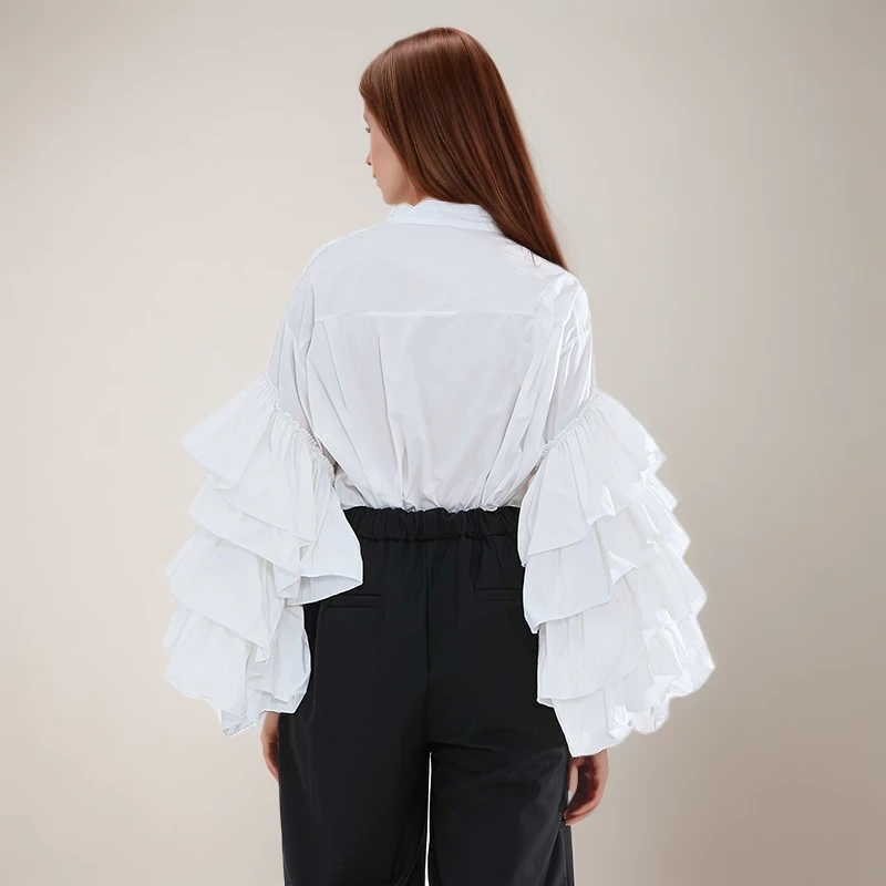 TWOTWINSTYLE New Loose Shirt For Women Stand Collar Lantern Sleeve Ruffle  Chic Clothing