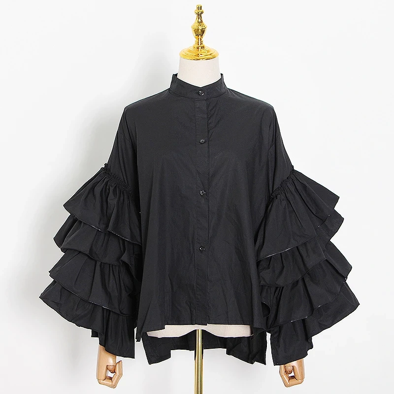 TWOTWINSTYLE New Loose Shirt For Women Stand Collar Lantern Sleeve Ruffle  Chic Clothing