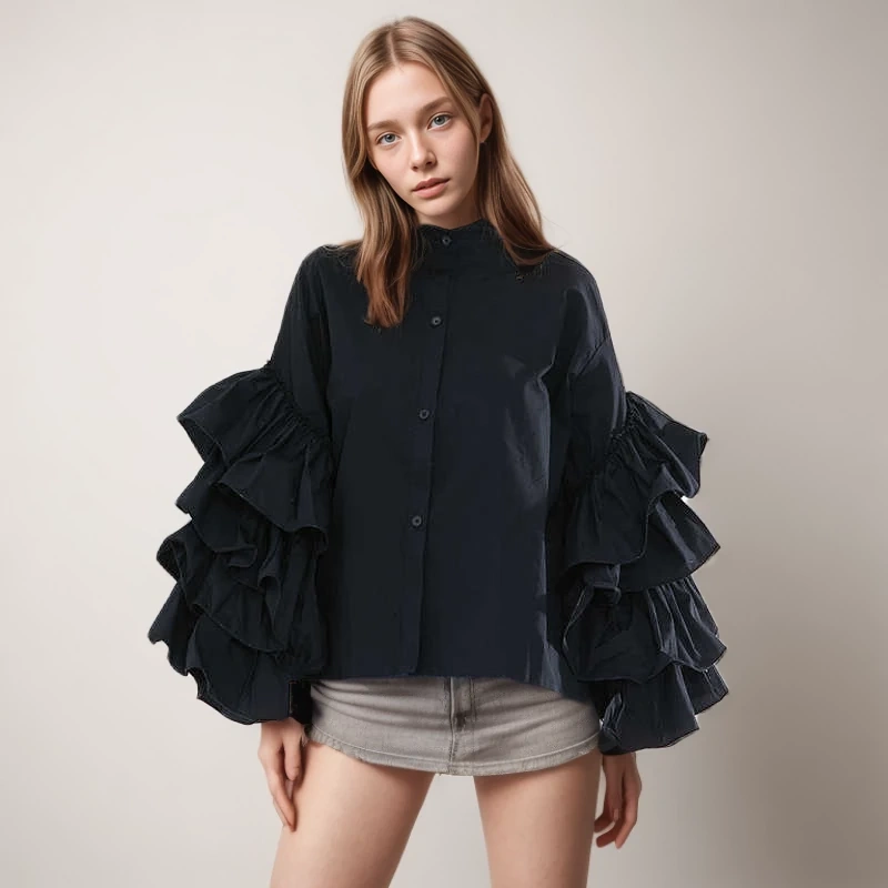 TWOTWINSTYLE New Loose Shirt For Women Stand Collar Lantern Sleeve Ruffle  Chic Clothing