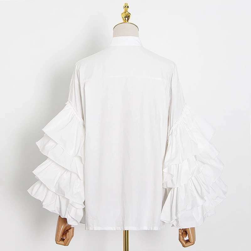 TWOTWINSTYLE New Loose Shirt For Women Stand Collar Lantern Sleeve Ruffle  Chic Clothing