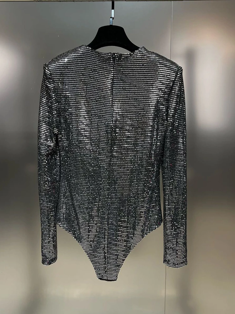 TWOTWINSTYLE New  Sequins Slimming Bodysuits For Women Round Neck Long Sleeve High Waist Sexy Fashion Clothing