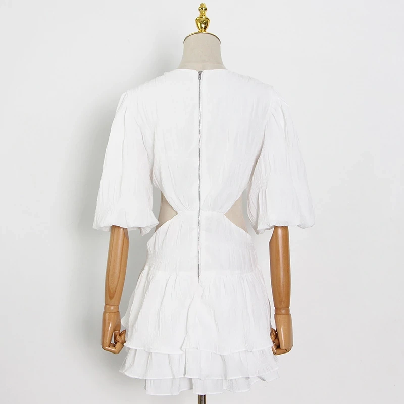 TWOTWINSTYLE  Hollow Out Sexy Dress For Women V Neck Lantern Half Sleeve  Pleated Clothing