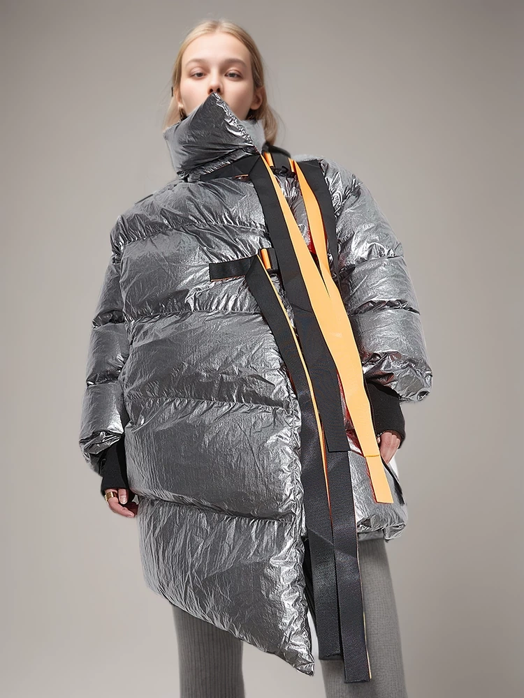 TWOTWINSTYLE Winter Women's Down Jacket Long Sleeve Patchwork Ribbons Irregular Cotton Coats Clothing