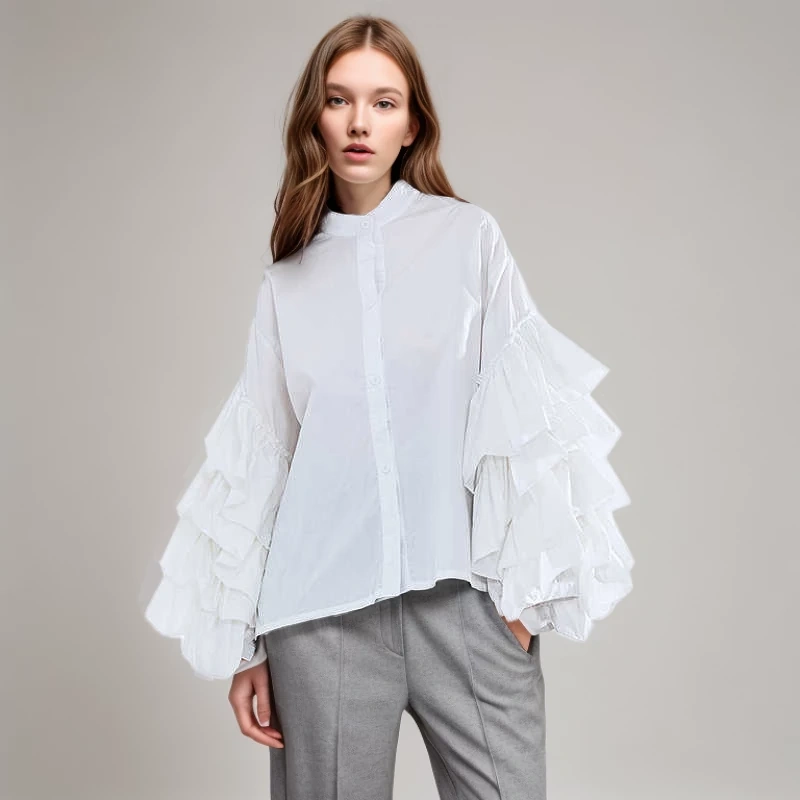TWOTWINSTYLE New Loose Shirt For Women Stand Collar Lantern Sleeve Ruffle  Chic Clothing
