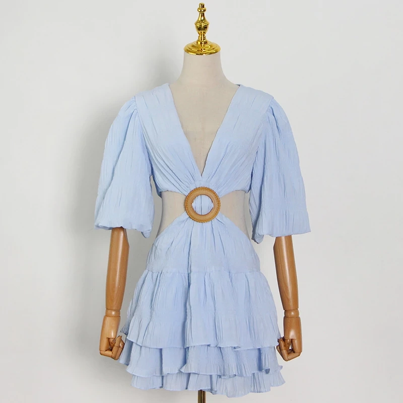 TWOTWINSTYLE  Hollow Out Sexy Dress For Women V Neck Lantern Half Sleeve  Pleated Clothing