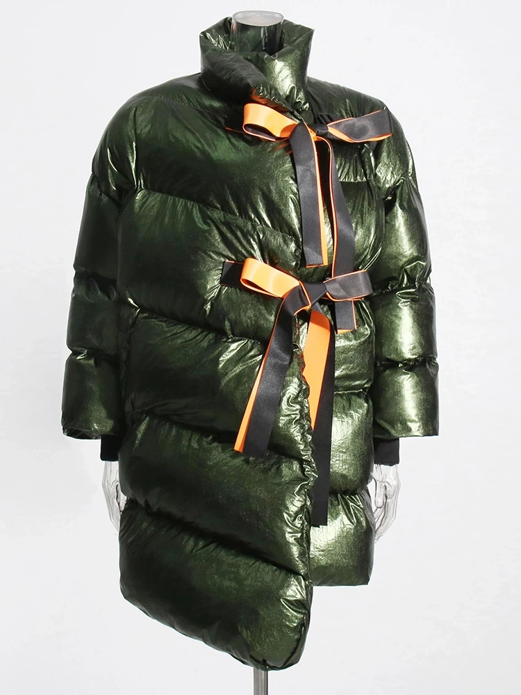 TWOTWINSTYLE Winter Women's Down Jacket Long Sleeve Patchwork Ribbons Irregular Cotton Coats Clothing