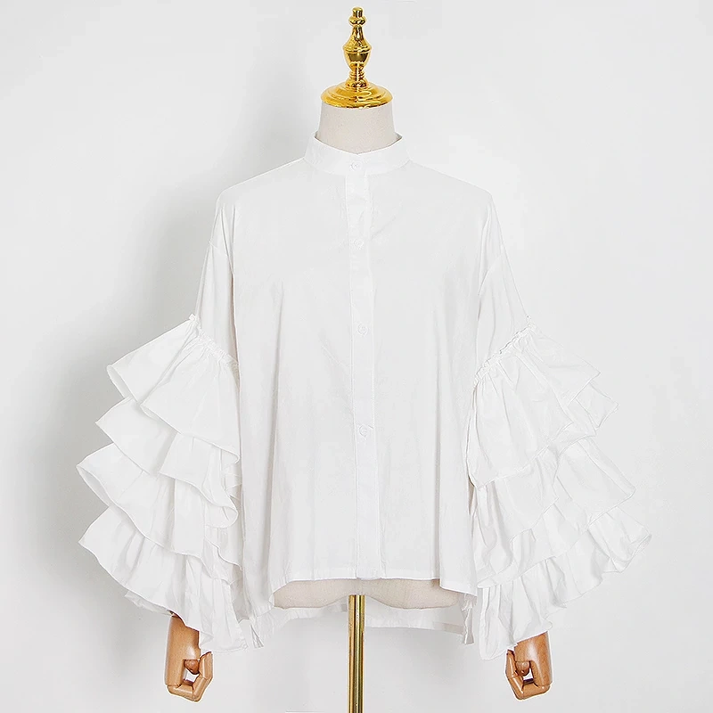 TWOTWINSTYLE New Loose Shirt For Women Stand Collar Lantern Sleeve Ruffle  Chic Clothing