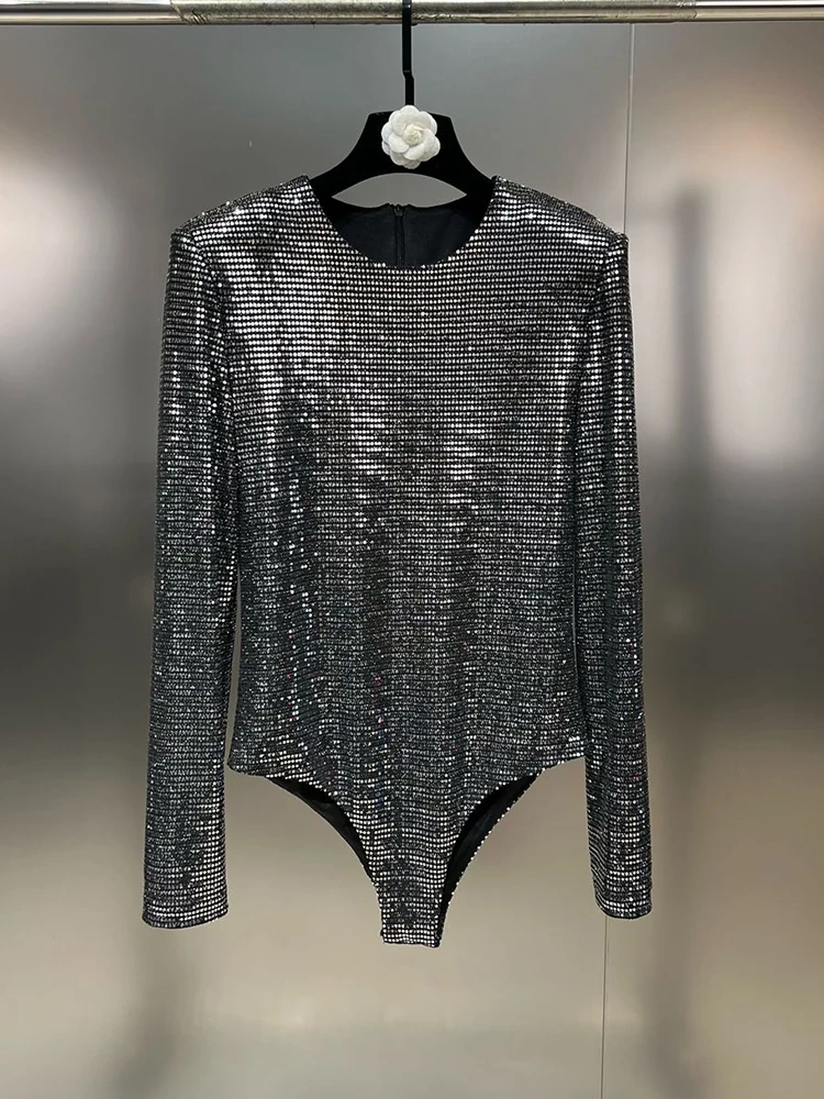 TWOTWINSTYLE New  Sequins Slimming Bodysuits For Women Round Neck Long Sleeve High Waist Sexy Fashion Clothing