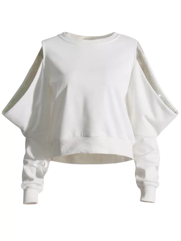 TWOTWINSTYLE  Hollow Out Off Shoulder Diamonds Pullover Sweatshirt