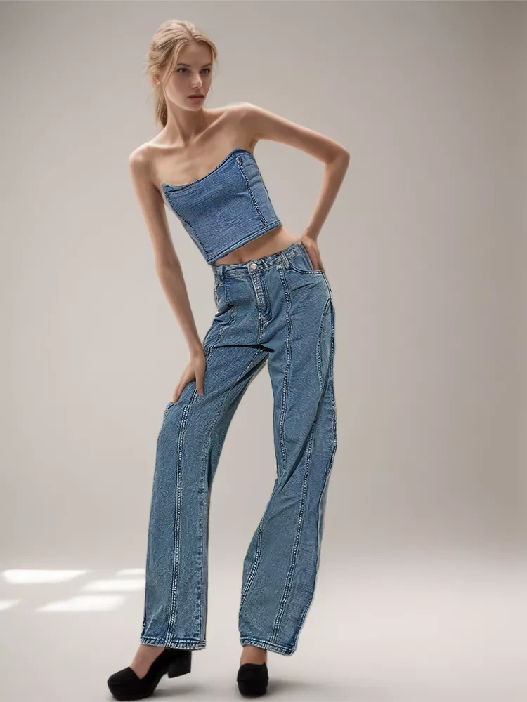 TWOTWINSTYLE Denim Solid Tank Tops For Women Strapless Sleeveless Slim Backless Fashion Clothing