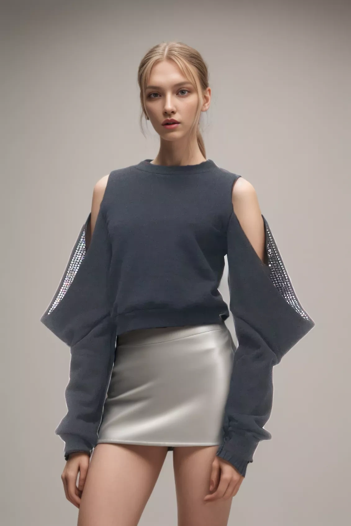 TWOTWINSTYLE  Hollow Out Off Shoulder Diamonds Pullover Sweatshirt