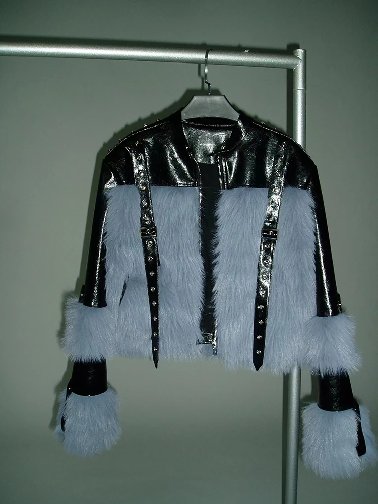 TWOTWINSTYLE New  Casual Patchwork Leather Faux Fur Stand Collar Spliced Zipper Coats Clothing