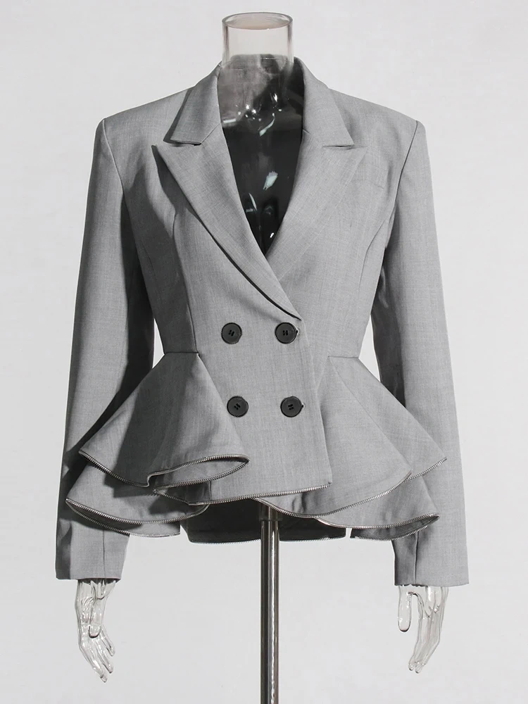 TWOTWINSTYLE Patchwork Ruffles Blazer For Women Notched Collar Long Sleeve Spliced Button Fashion Clothing