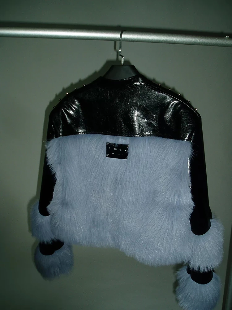 TWOTWINSTYLE New  Casual Patchwork Leather Faux Fur Stand Collar Spliced Zipper Coats Clothing
