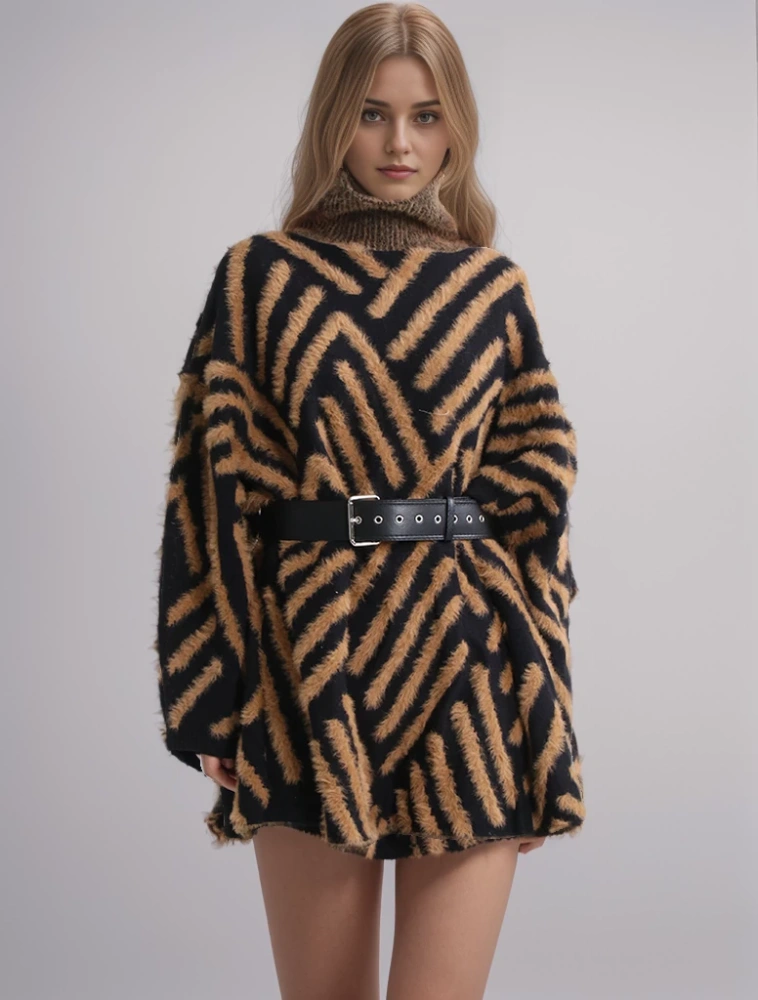 TWOTWINSTYLE  Belt Sweater For Women Turtleneck Long Sleeve High Waist Mini Knitted Clothing