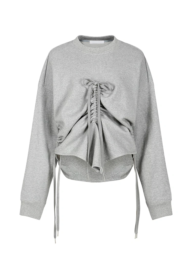 TWOTWINSTYLE New Drawstring Sweatshirts For Women  Irregular Folds Autumn Clothing