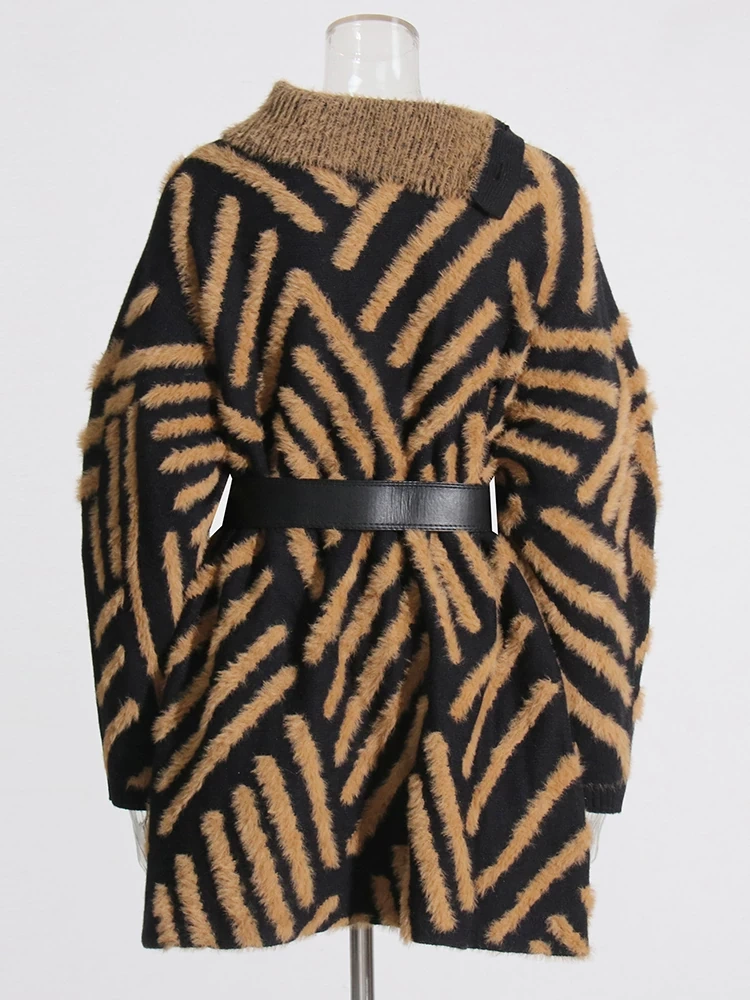 TWOTWINSTYLE  Belt Sweater For Women Turtleneck Long Sleeve High Waist Mini Knitted Clothing
