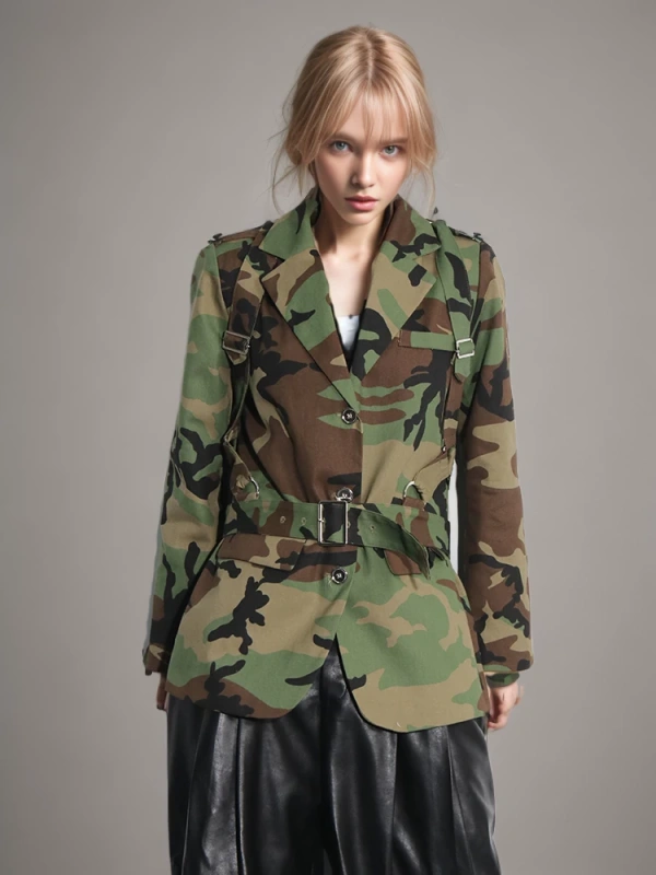TWOTWINSTYLE Camouflage  Belt  Blazers For Women Notched Collar Long Sleeve Spliced Button Fashion Clothing