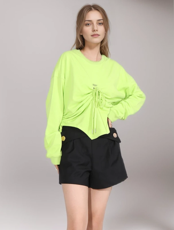 TWOTWINSTYLE New Drawstring Sweatshirts For Women  Irregular Folds Autumn Clothing