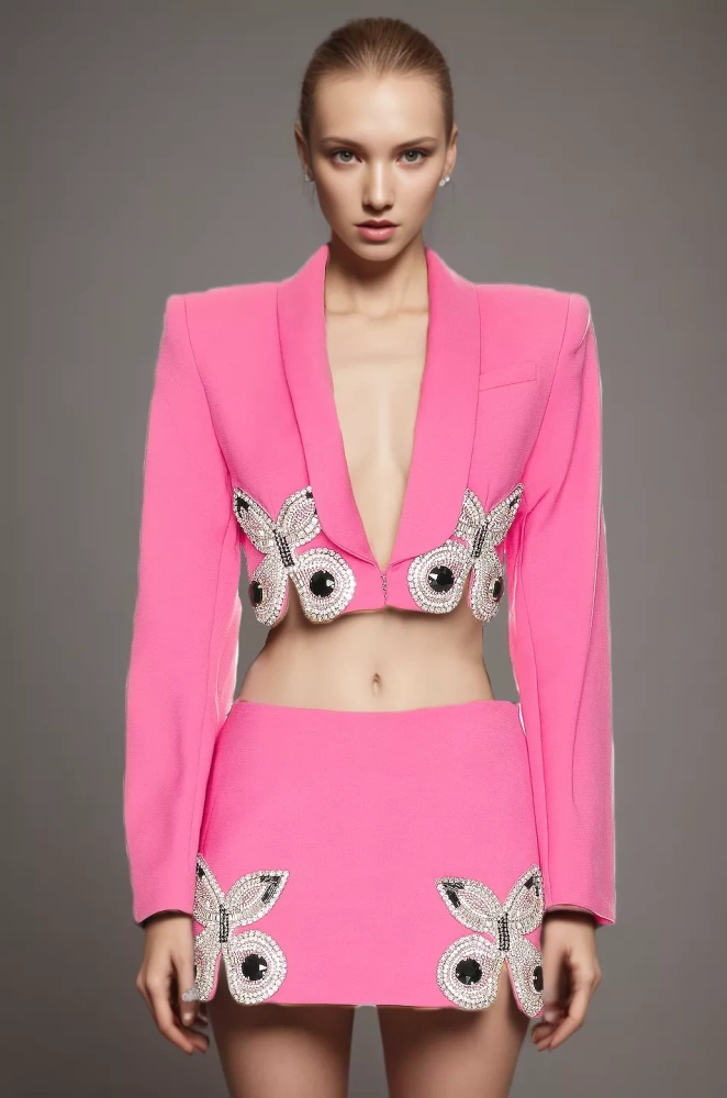 TWOTWINSTYLE  Spliced Diamonds  Two Piece Sets For Women Notched Collar Long Sleeve Coat Fashion Clothing