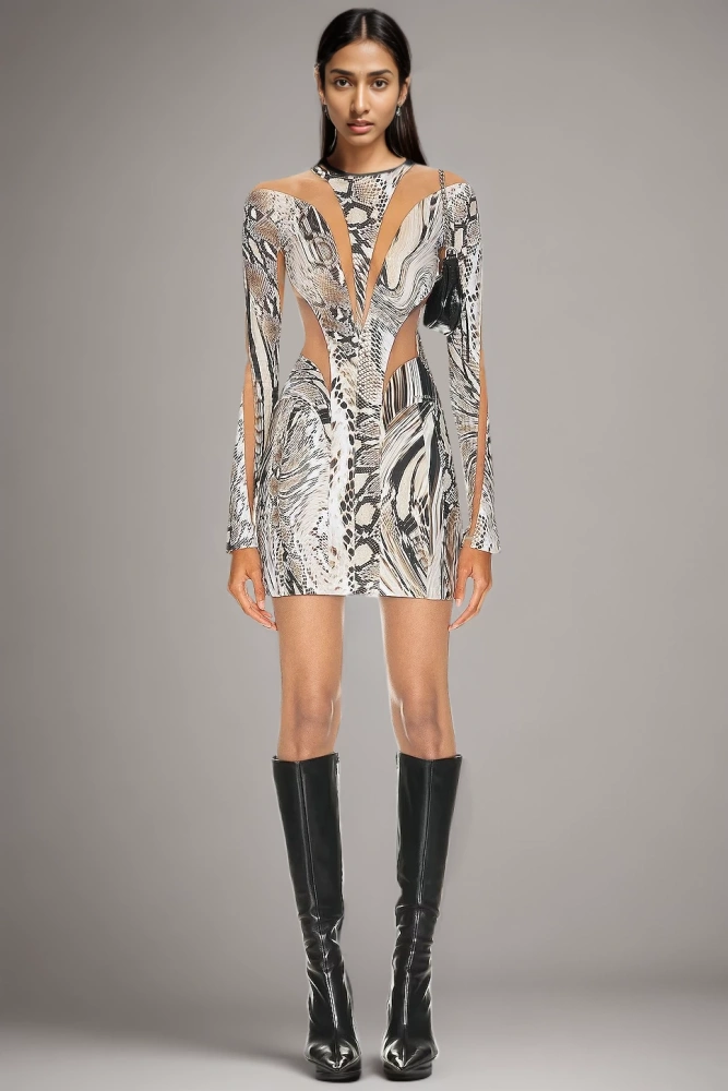TWOTWINSTYLE New Snake pattern semi transparent patchwork mini dress