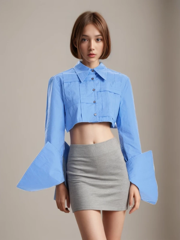 TWOTWINSTYLE  Casual Crop Shirts For Women Lapel Long Sleeve Single Breasted  Fashion Clothing