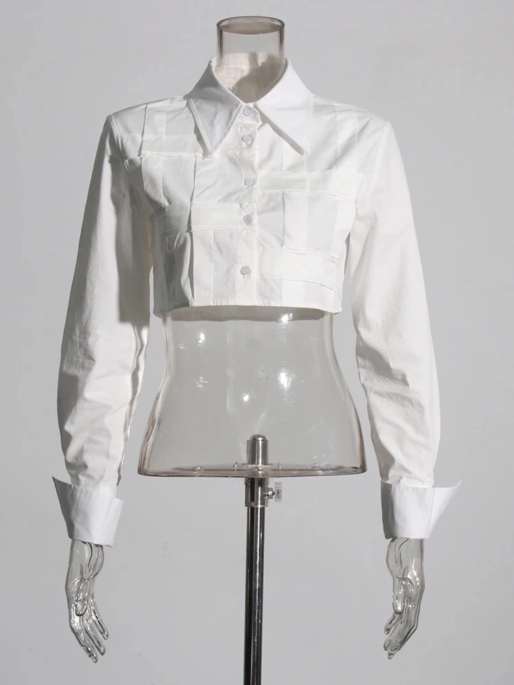 TWOTWINSTYLE  Casual Crop Shirts For Women Lapel Long Sleeve Single Breasted  Fashion Clothing