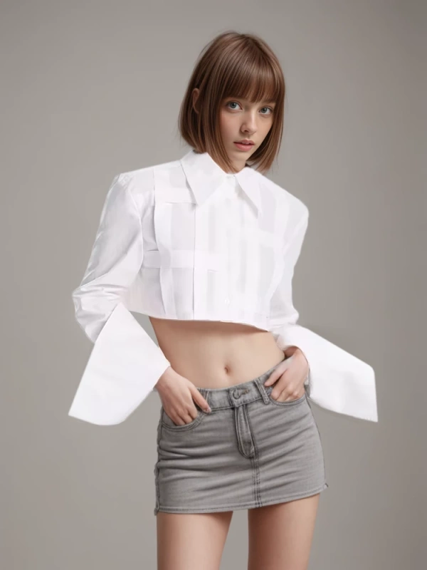 TWOTWINSTYLE  Casual Crop Shirts For Women Lapel Long Sleeve Single Breasted  Fashion Clothing