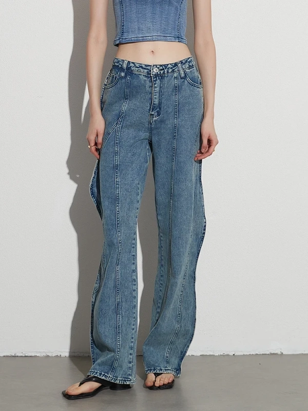 TWOTWINSTYLE Loose Wave Design Denim Pants For Women Button Casual Temperament Wide Leg Jeans
