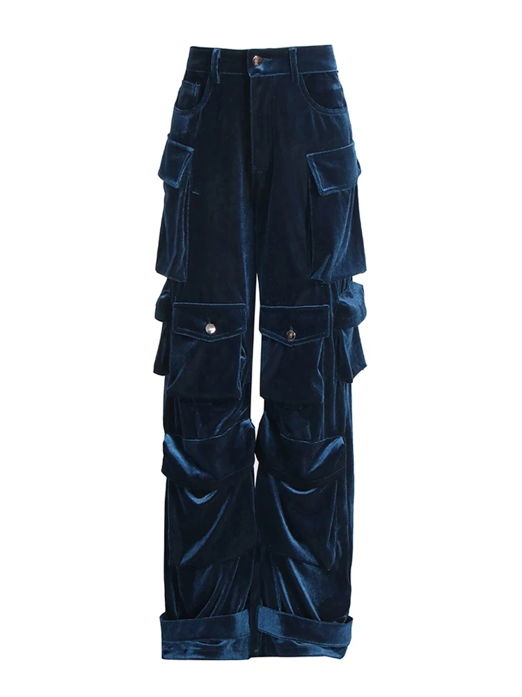 TWOTWINSTYLE  Patchwork Pocket Cargo Trousers For Women High Waist Spliced Velvet Pant Clothing