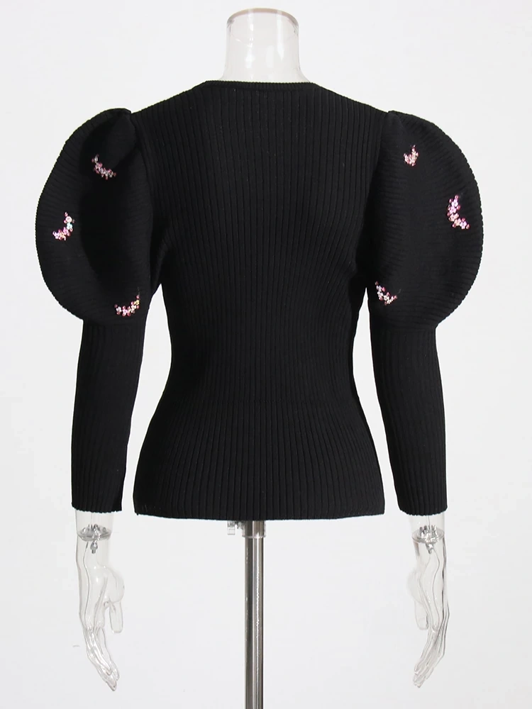 TWOTWINSTYLE Knitted   V Neck Puff Sleeve Print  Women Sweaters