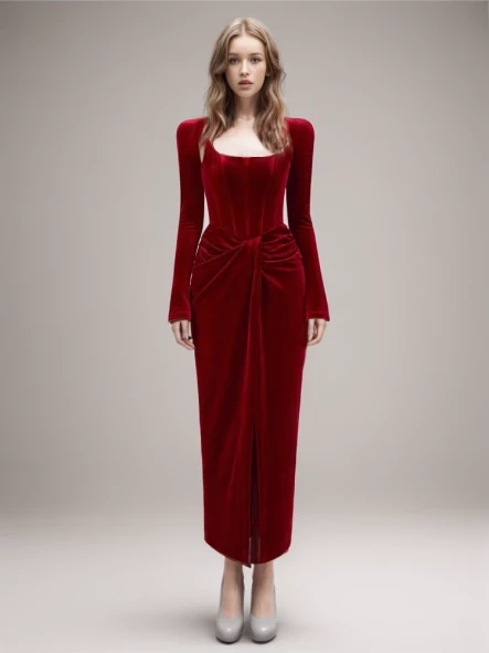 TWOTWINSTYLE Christmas Elegant Velvet Dresses For Women Square Collar Long Sleeve High Waist Twist Split Vintage Dress Female New