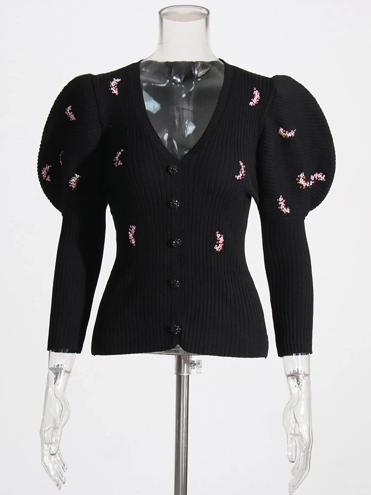 TWOTWINSTYLE Knitted   V Neck Puff Sleeve Print  Women Sweaters