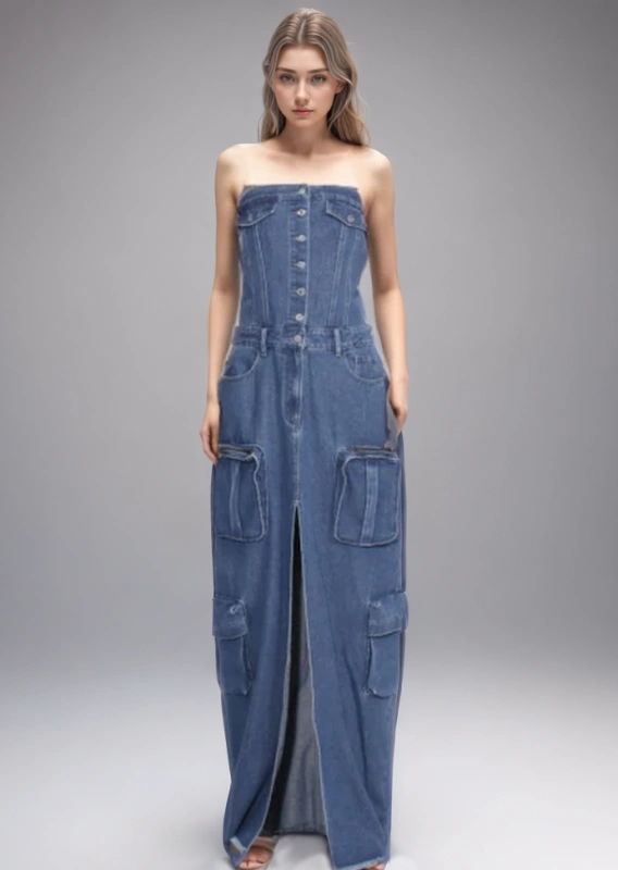 TWOTWINSTYLE  Denim Maxi Dresses For Women Strapless Off Shoulder Backless Split Clothing