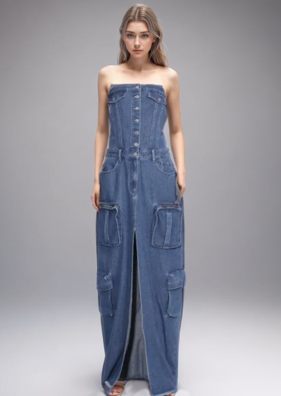 TWOTWINSTYLE  Denim Maxi Dresses For Women Strapless Off Shoulder Backless Split Clothing