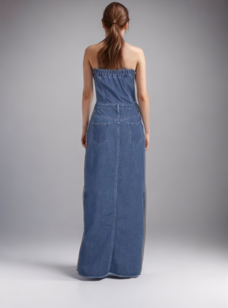 TWOTWINSTYLE Denim Strapless Back Split Maxi Dresses
