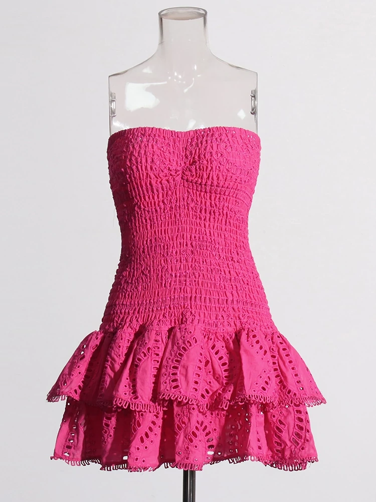 TWOTWINSTYLE  Folds Strapless Sleeveless Hollow Out Slimming Mini  Dress