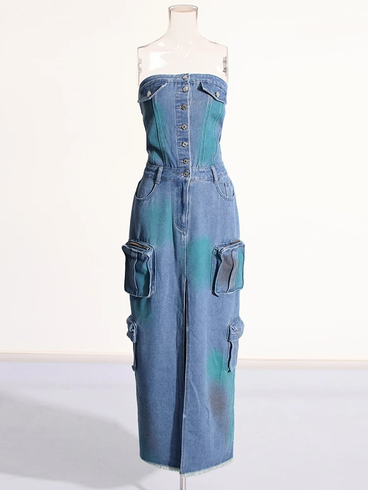 Pockets Split  Strapless Denim Dress New