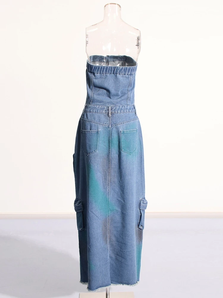 TWOTWINSTYLE Patchwork Pockets Casual Denim Sleeveless Off Shoulder Dress