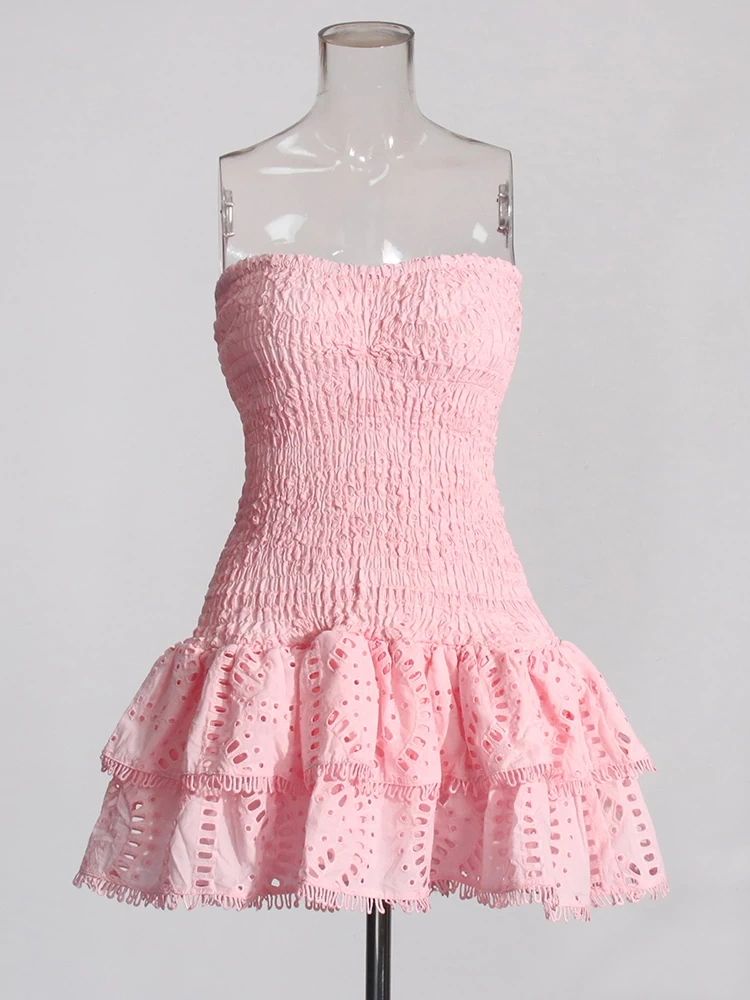 TWOTWINSTYLE  Folds Strapless Sleeveless Hollow Out Slimming Mini  Dress