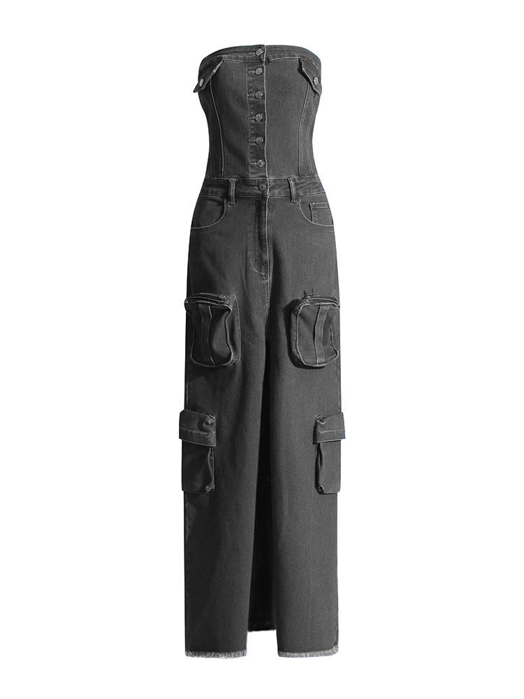 TWOTWINSTYLE Denim Strapless Back Split Maxi Dresses