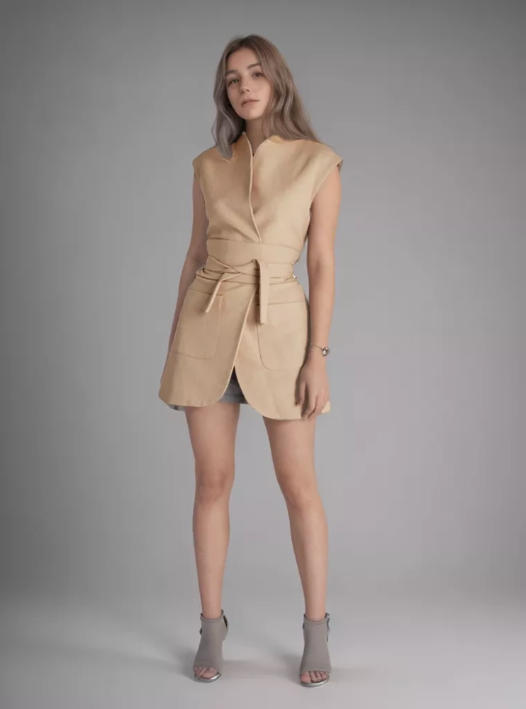TWOTWINSTYLE New V Neck Sleeveless High Waist Belt Mini Dress