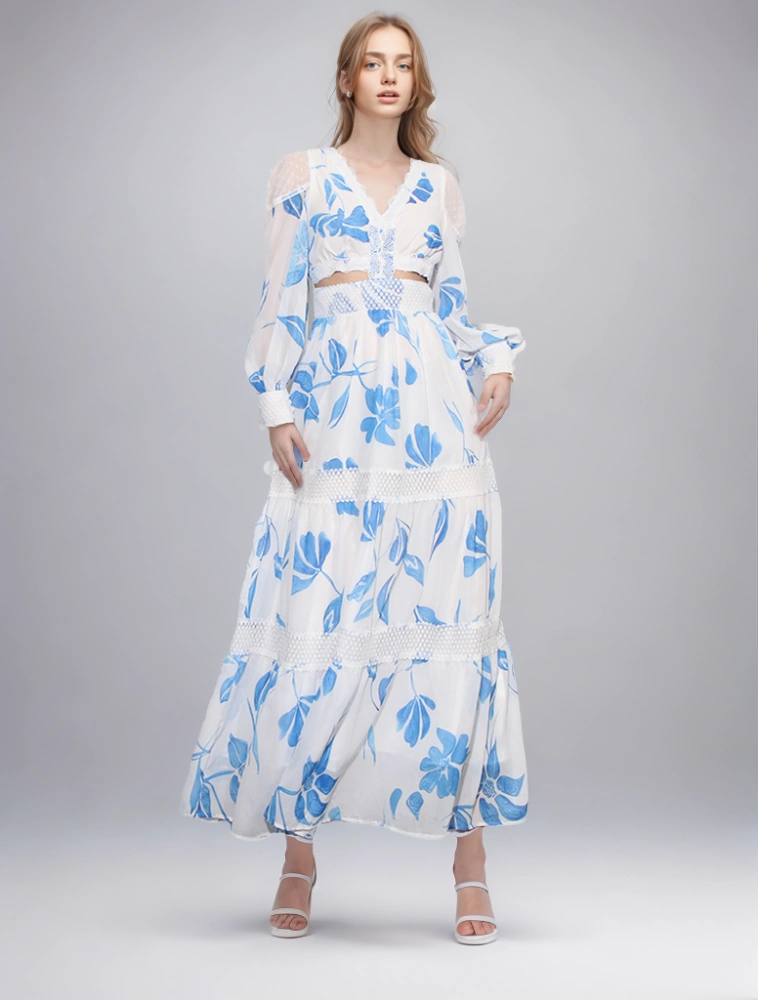 TWOTWINSTYLE New  Print Hollow Out Maxi Dress V Neck  Women Folds