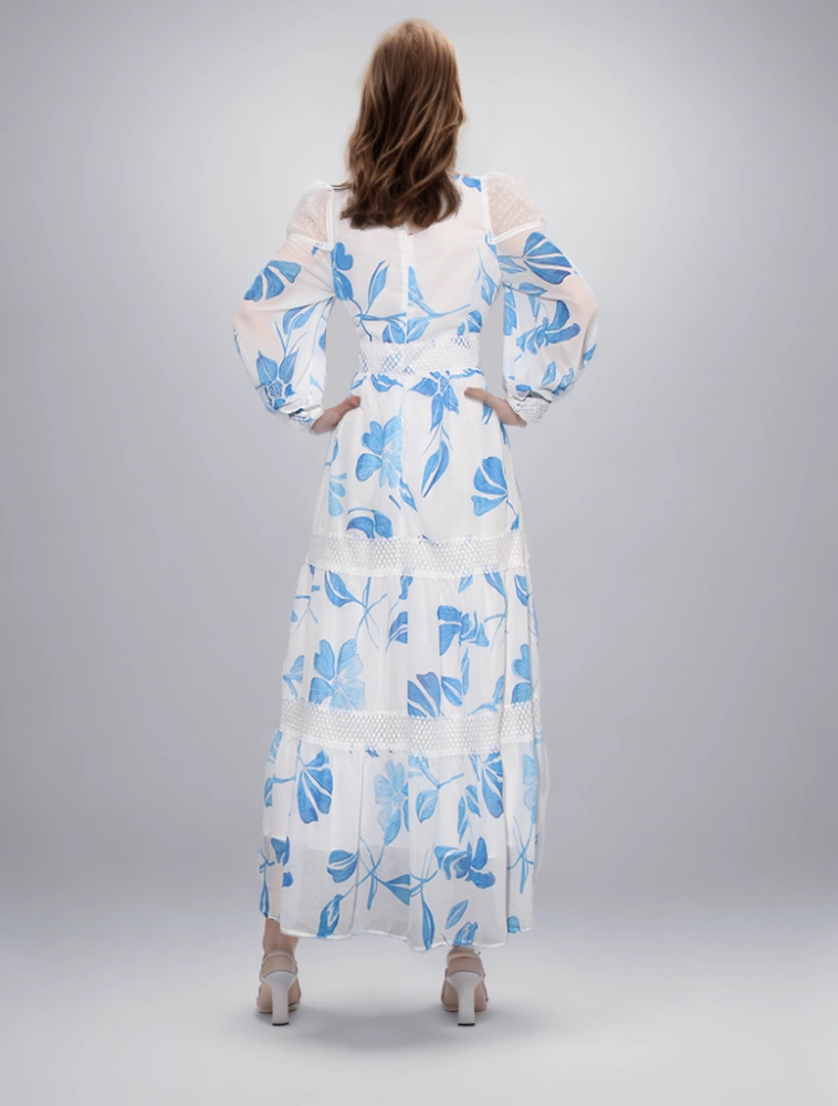TWOTWINSTYLE New  Print Hollow Out Maxi Dress V Neck  Women Folds