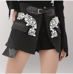 Designer  Belt Patchwork Diamonds Mini Skirt