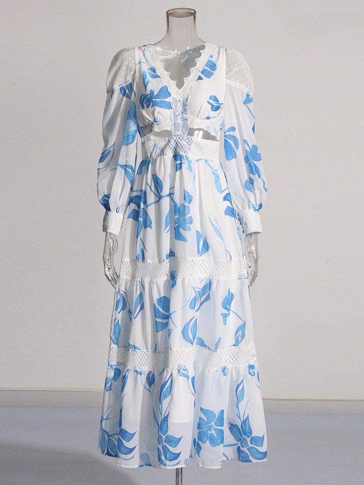 TWOTWINSTYLE New  Print Hollow Out Maxi Dress V Neck  Women Folds